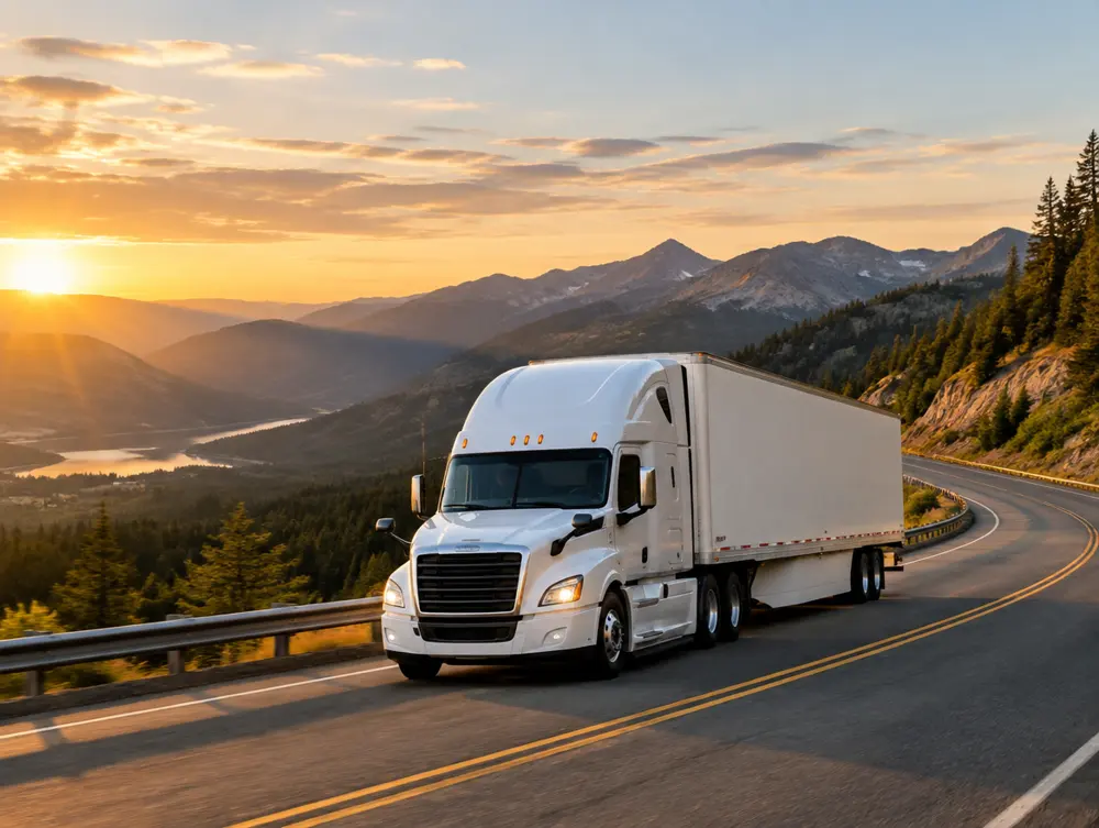 Moving truck on a mountain highway at golden hour