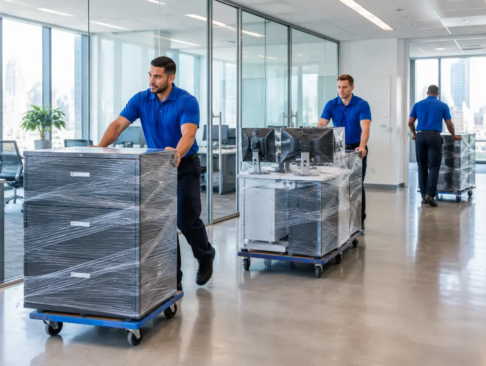 Movers relocating office furniture