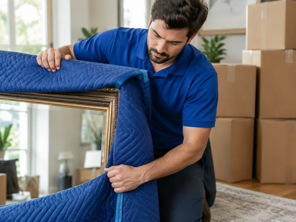 Mover wrapping a mirror in quilted padding