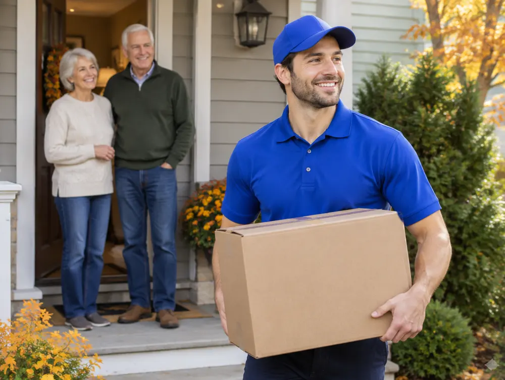 Mover with a senior couple on moving day